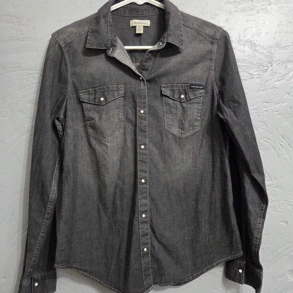 Calvin Klein Jeans Woman's Black Button Down Shirt with Snaps and Pockets size S